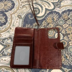Brown Faux Leather Wristlet Wallet iPhone 14 Pro Case